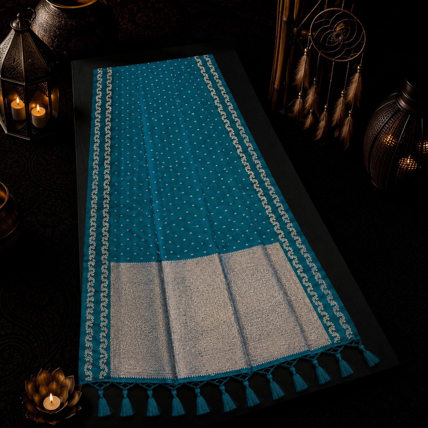 Teal Blue Satin Mashru Silk Saree with Silver Woven Border & Buti Design Elegant Festive Ethnic Wear