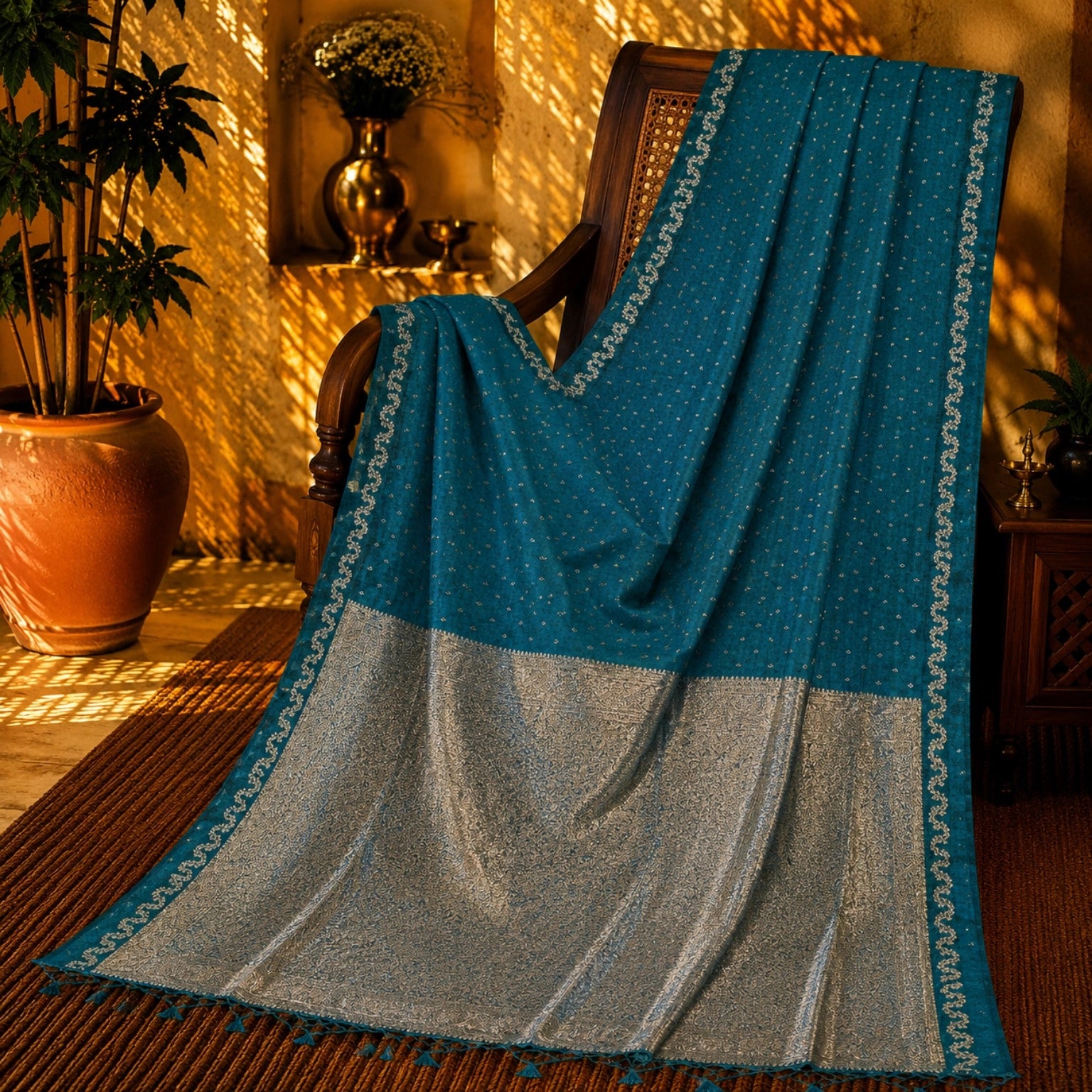 Teal Blue Satin Mashru Silk Saree with Silver Woven Border & Buti Design Elegant Festive Ethnic Wear