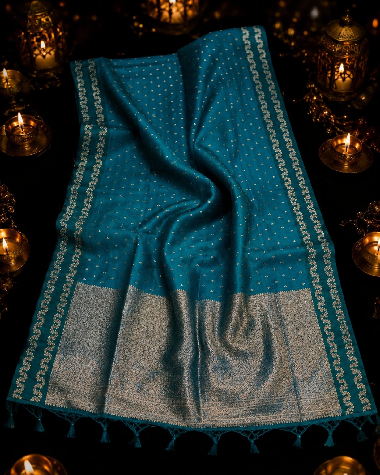 Teal Blue Satin Mashru Silk Saree with Silver Woven Border & Buti Design Elegant Festive Ethnic Wear