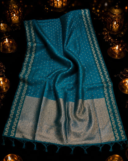 Teal Blue Satin Mashru Silk Saree with Silver Woven Border & Buti Design Elegant Festive Ethnic Wear