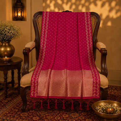 Magenta Satin Mashru Silk Saree with Gold Buti Motifs & Rich Woven Zari Border Festive Ethnic Wear