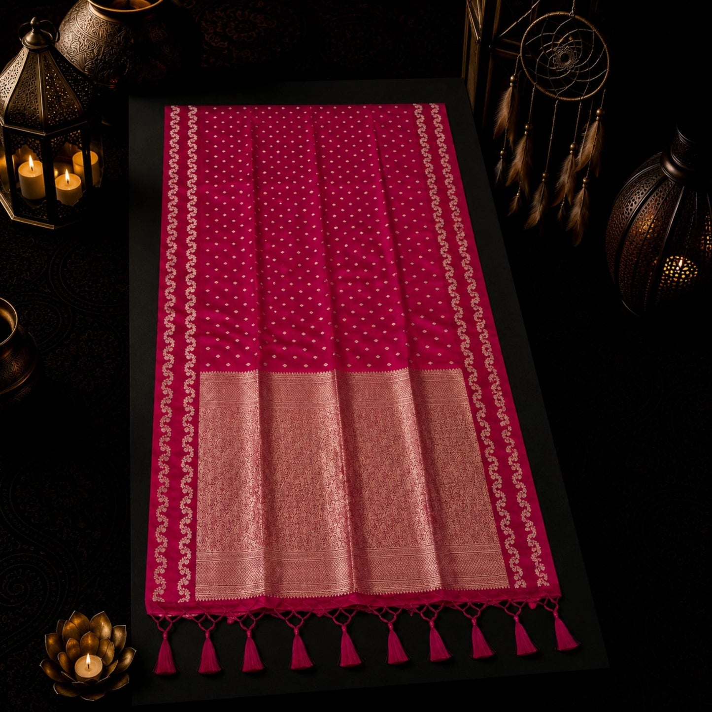 Magenta Satin Mashru Silk Saree with Gold Buti Motifs & Rich Woven Zari Border Festive Ethnic Wear