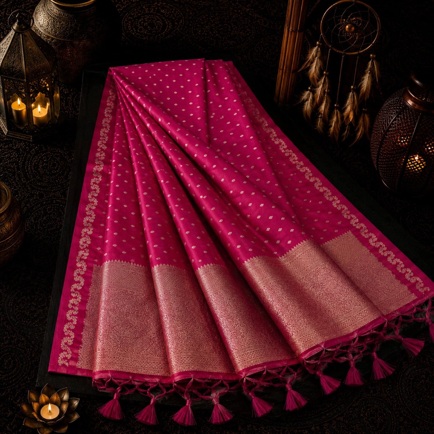Magenta Satin Mashru Silk Saree with Gold Buti Motifs & Rich Woven Zari Border Festive Ethnic Wear