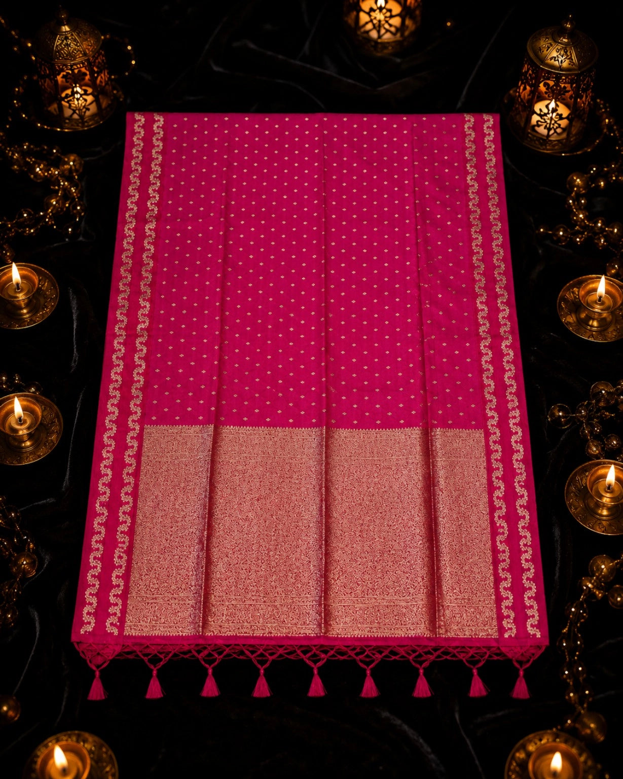Magenta Satin Mashru Silk Saree with Gold Buti Motifs & Rich Woven Zari Border Festive Ethnic Wear