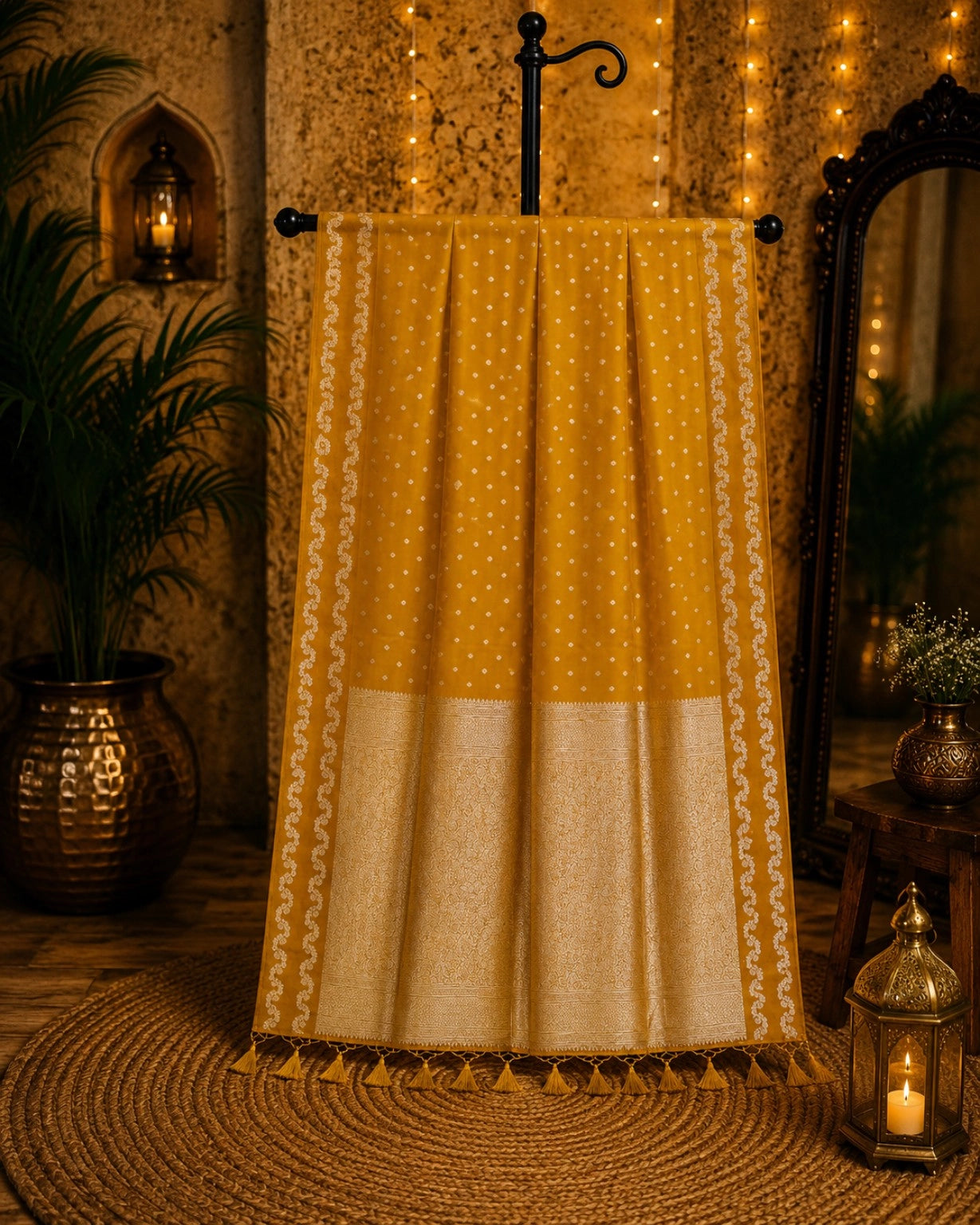 Mustard Yellow Satin Mashru Silk Saree with Woven Silver Zari Border & Buti Design  Festive Ethnic Wear