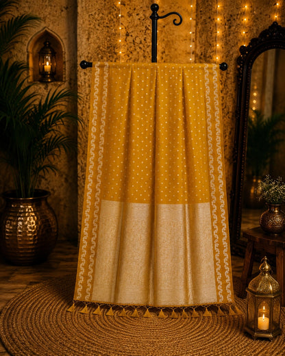 Mustard Yellow Satin Mashru Silk Saree with Woven Silver Zari Border & Buti Design  Festive Ethnic Wear