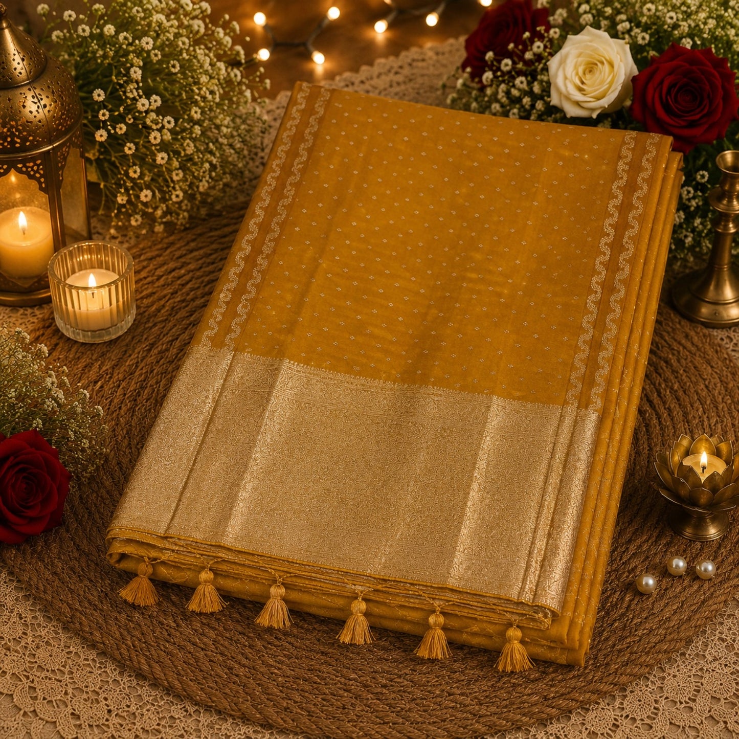 Mustard Yellow Satin Mashru Silk Saree with Woven Silver Zari Border & Buti Design  Festive Ethnic Wear