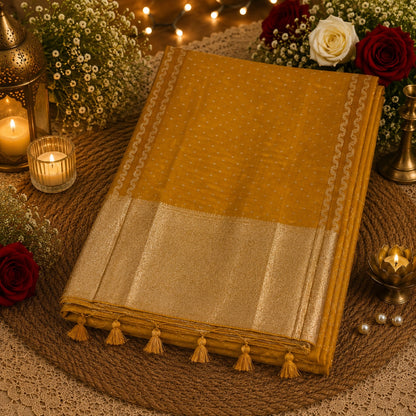 Mustard Yellow Satin Mashru Silk Saree with Woven Silver Zari Border & Buti Design  Festive Ethnic Wear