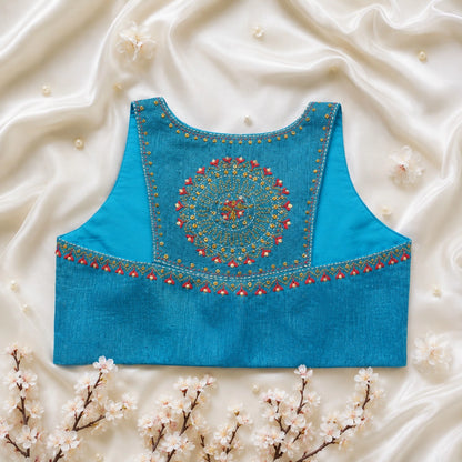 Blue Cossa Silk Razor Cut Embroidered Blouse for Women Designer Ethnic Party Wear