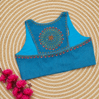 Blue Cossa Silk Razor Cut Embroidered Blouse for Women Designer Ethnic Party Wear
