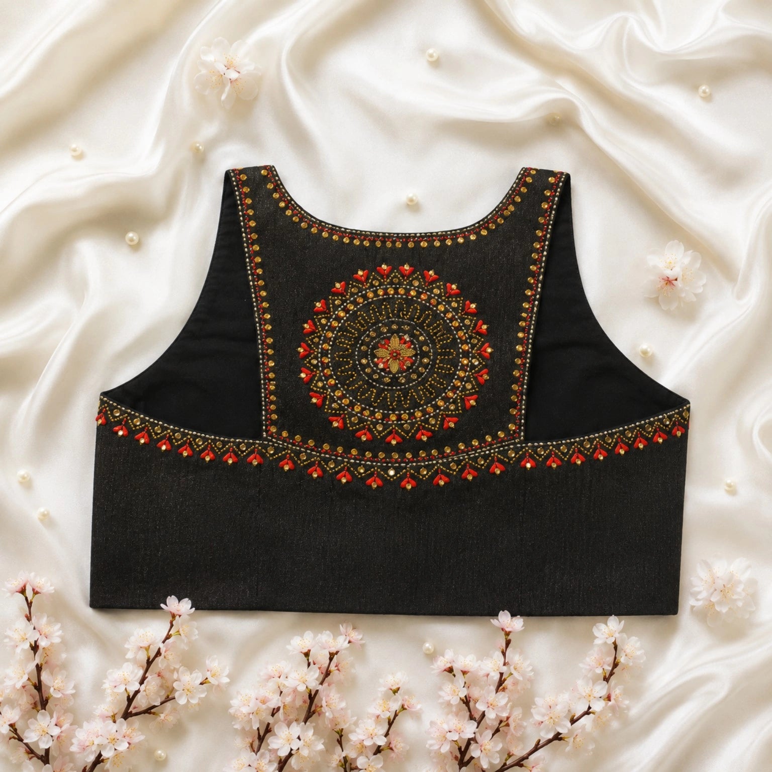 Black Cossa Silk Razor Cut Embroidered Designer Blouse for Women | Mandala Handwork Ethnic Party Wear