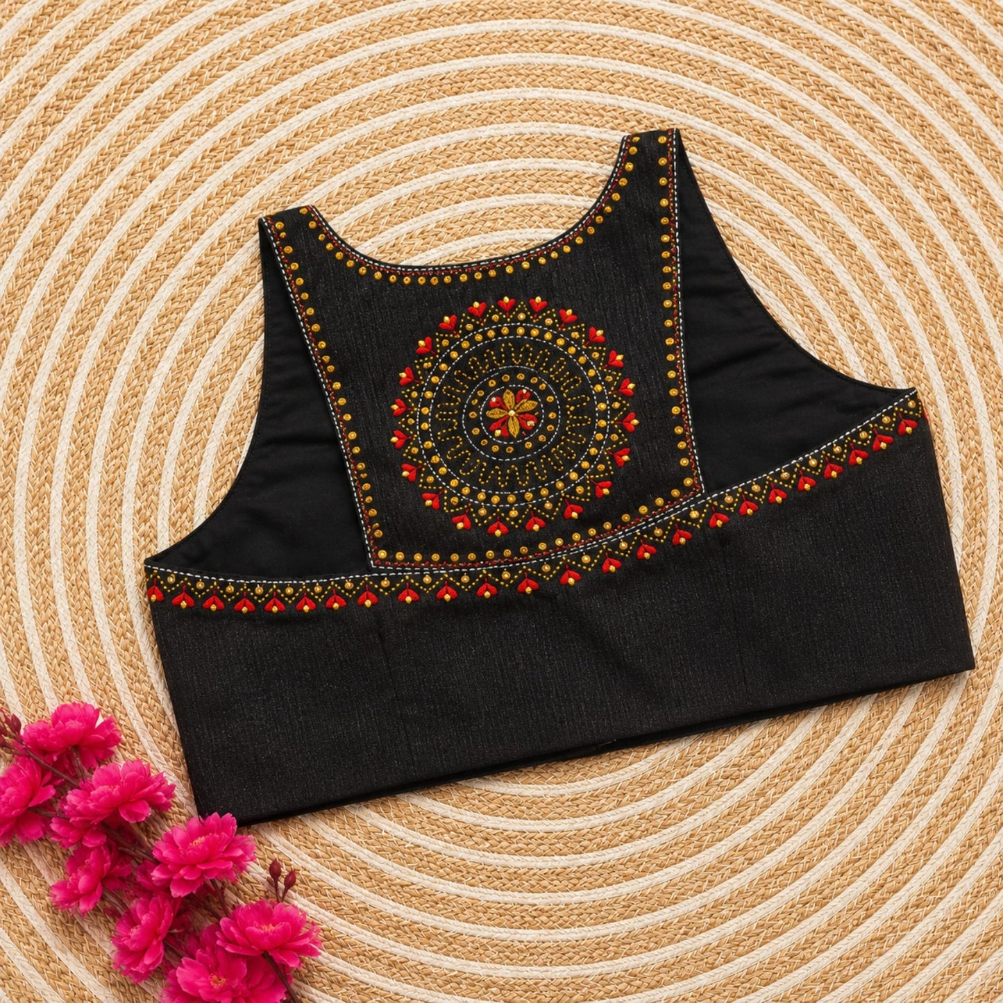 Black Cossa Silk Razor Cut Embroidered Designer Blouse for Women | Mandala Handwork Ethnic Party Wear
