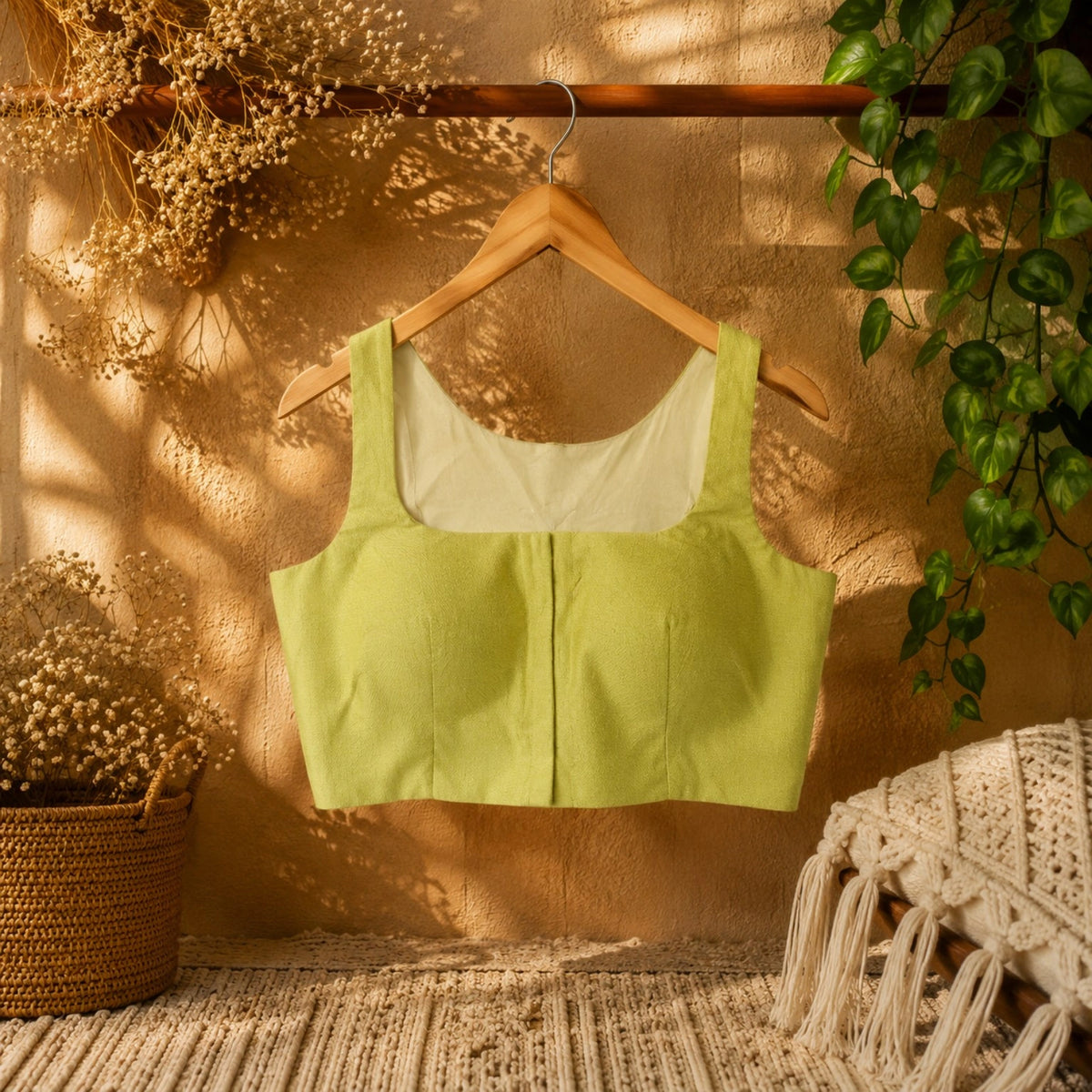 Lime Green Pure Cotton Thread Work Razor Cut Blouse for Women | Square Neck Sleeveless Ethnic Blouse