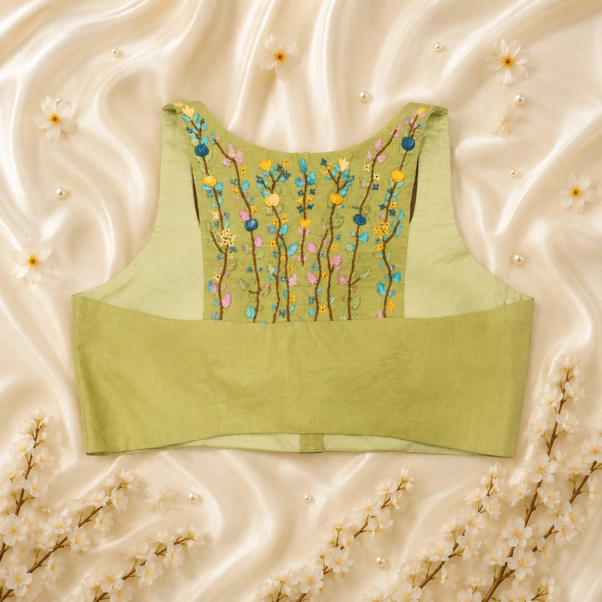 Lime Green Pure Cotton Thread Work Razor Cut Blouse for Women | Square Neck Sleeveless Ethnic Blouse