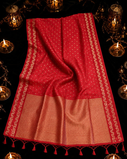 Red Satin Mashru Silk Saree with Gold Woven Buti & Rich Zari Pallu Festive Ethnic Wear