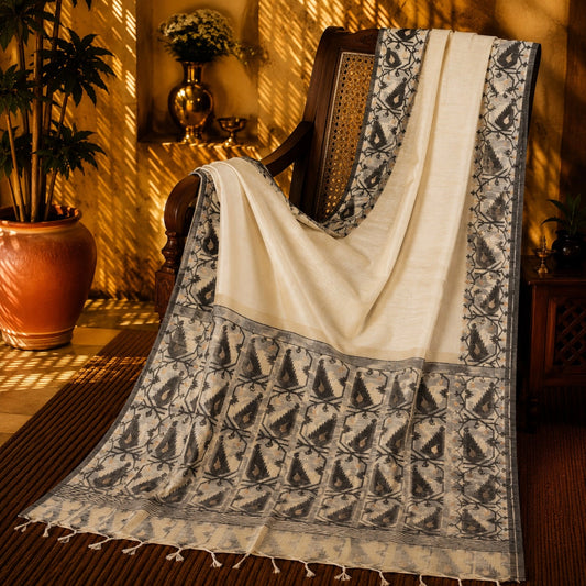 Off-White Kota Jamdani Saree with Grey Woven Floral Vine Border & Traditional Tassels