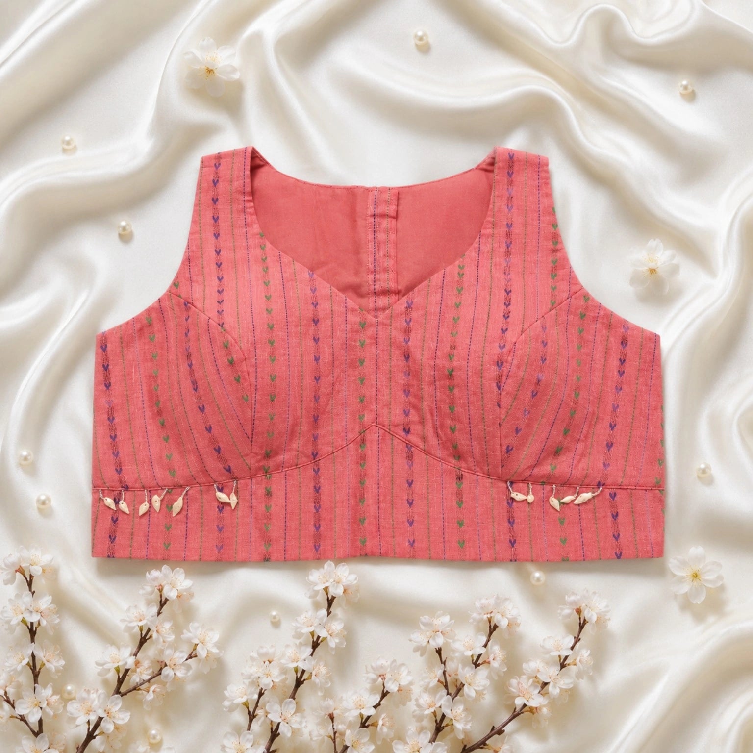 Pink Pure Cotton Padded Sleeveless Embroidered Blouse for Women Heart Motif Ethnic Blouse