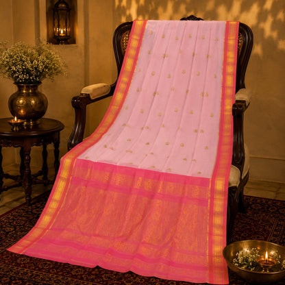 Light Pink Sico Gadwal Silk Cotton Saree with Rani Pink Gold Zari Border