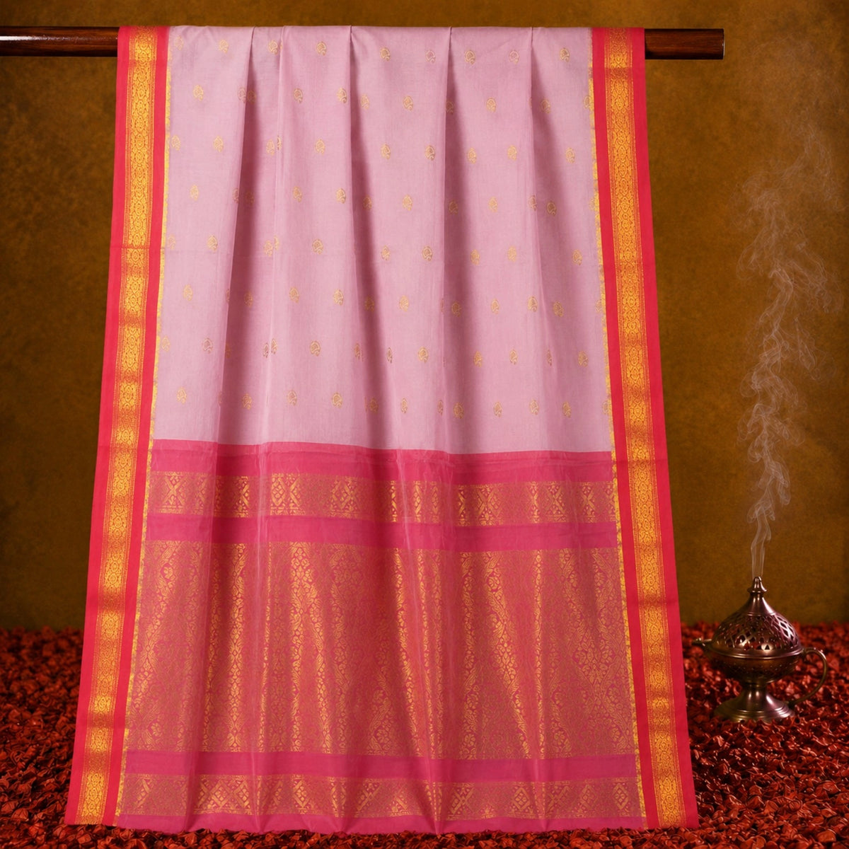 Light Pink Sico Gadwal Silk Cotton Saree with Rani Pink Gold Zari Border