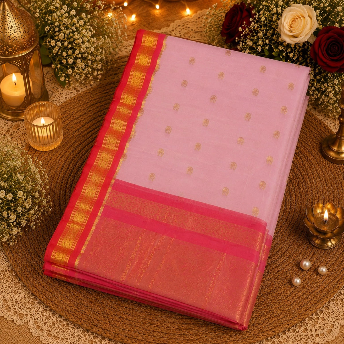Light Pink Sico Gadwal Silk Cotton Saree with Rani Pink Gold Zari Border