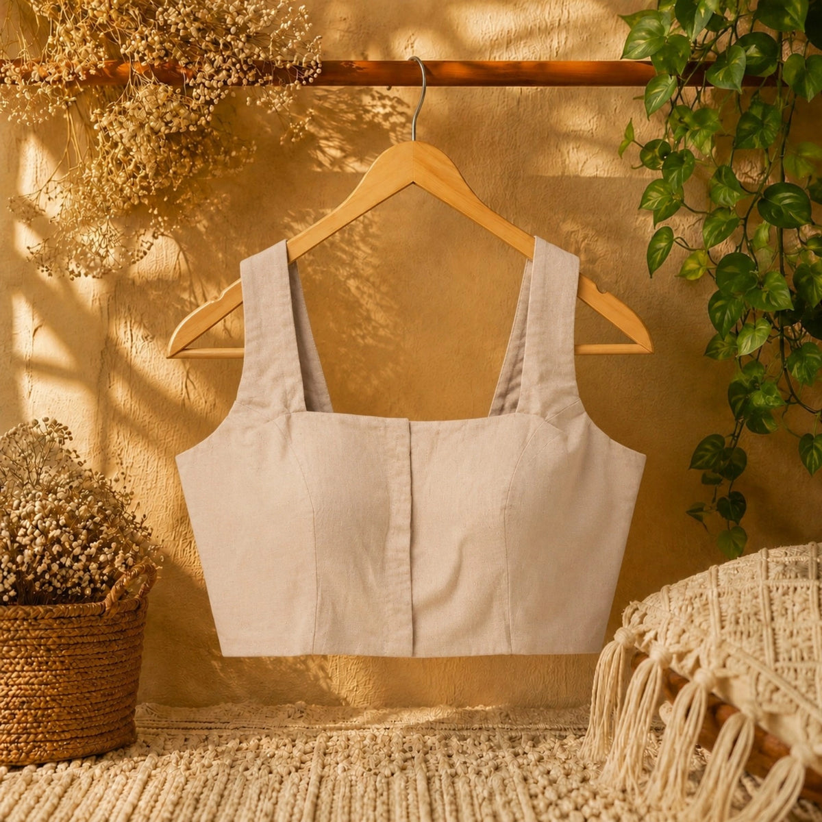 Ivory Pure Cotton Razor Cut Sleeveless Square Neck Blouse for Women