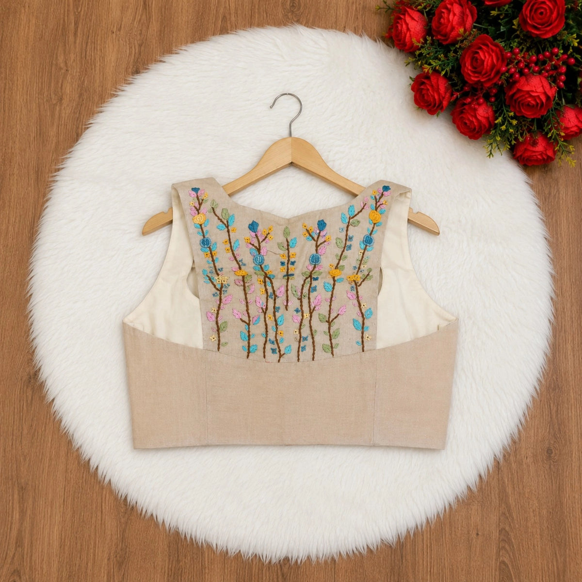 Ivory Pure Cotton Razor Cut Sleeveless Square Neck Blouse for Women