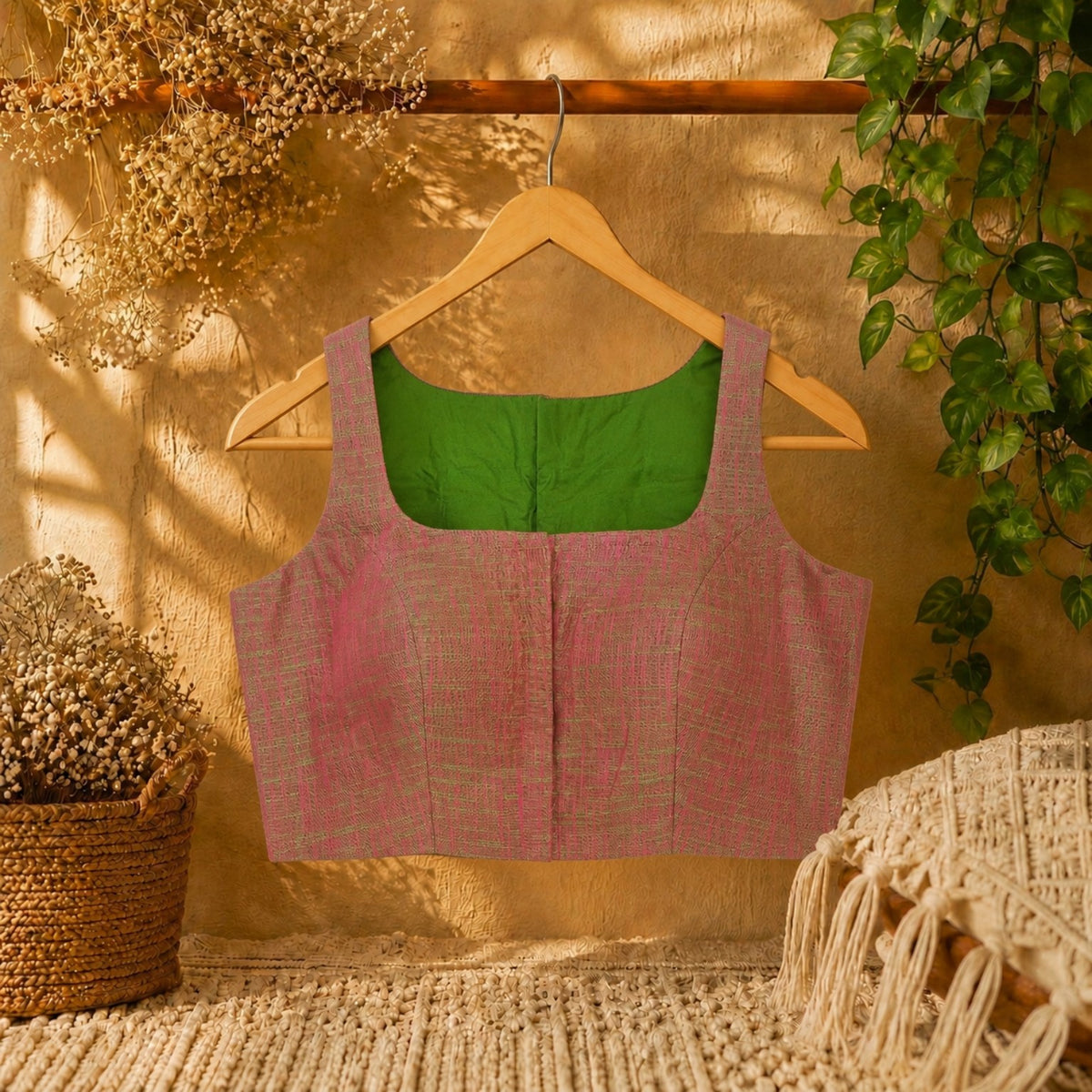 Pink with Muted Green Pure Cotton Thread Work Razor Cut Sleeveless Blouse with Square Neck