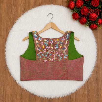 Pink with Muted Green Pure Cotton Thread Work Razor Cut Sleeveless Blouse with Square Neck