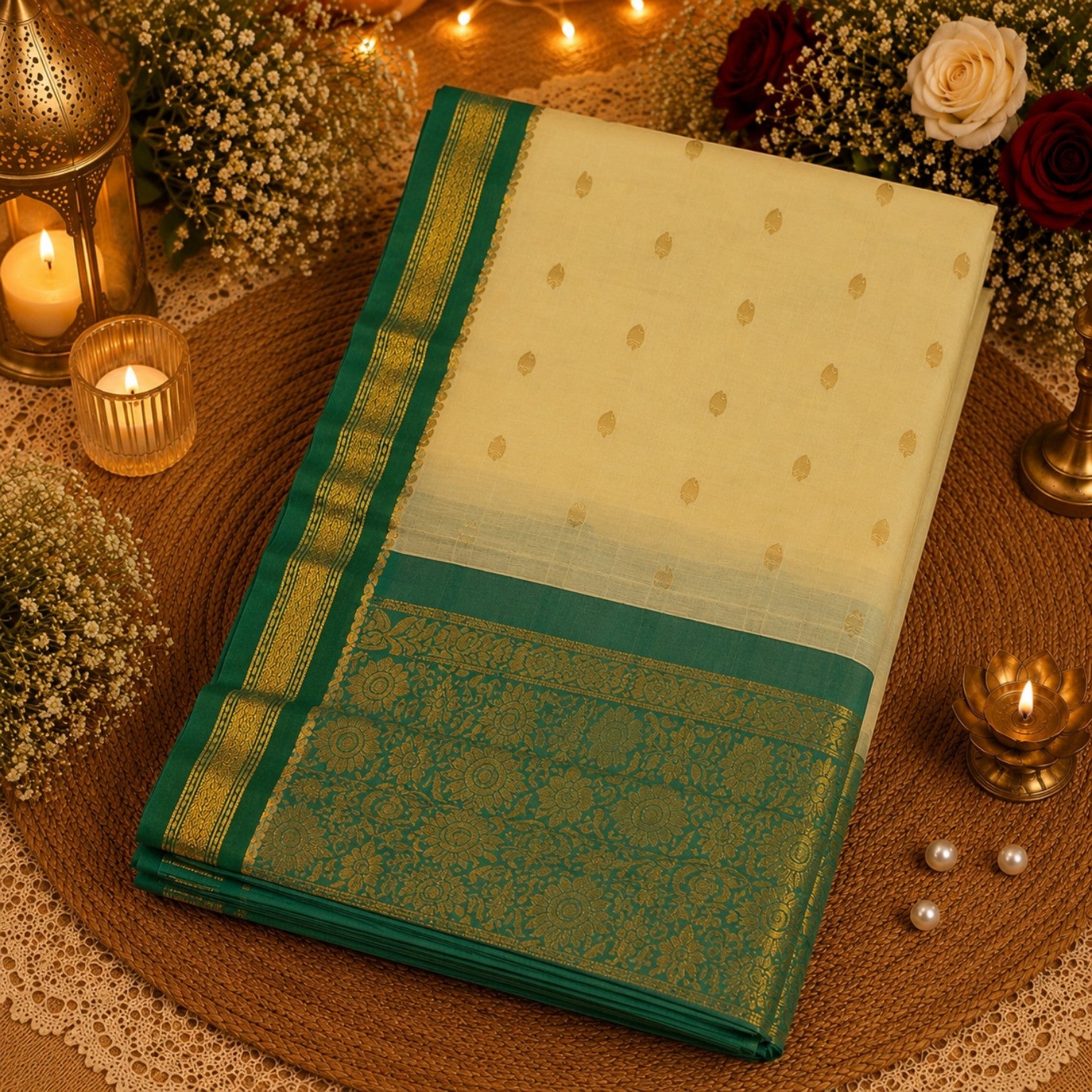 Ivory and Emerald Green Sico Gadwal Saree with Gold Zari Buti and Floral Pallu