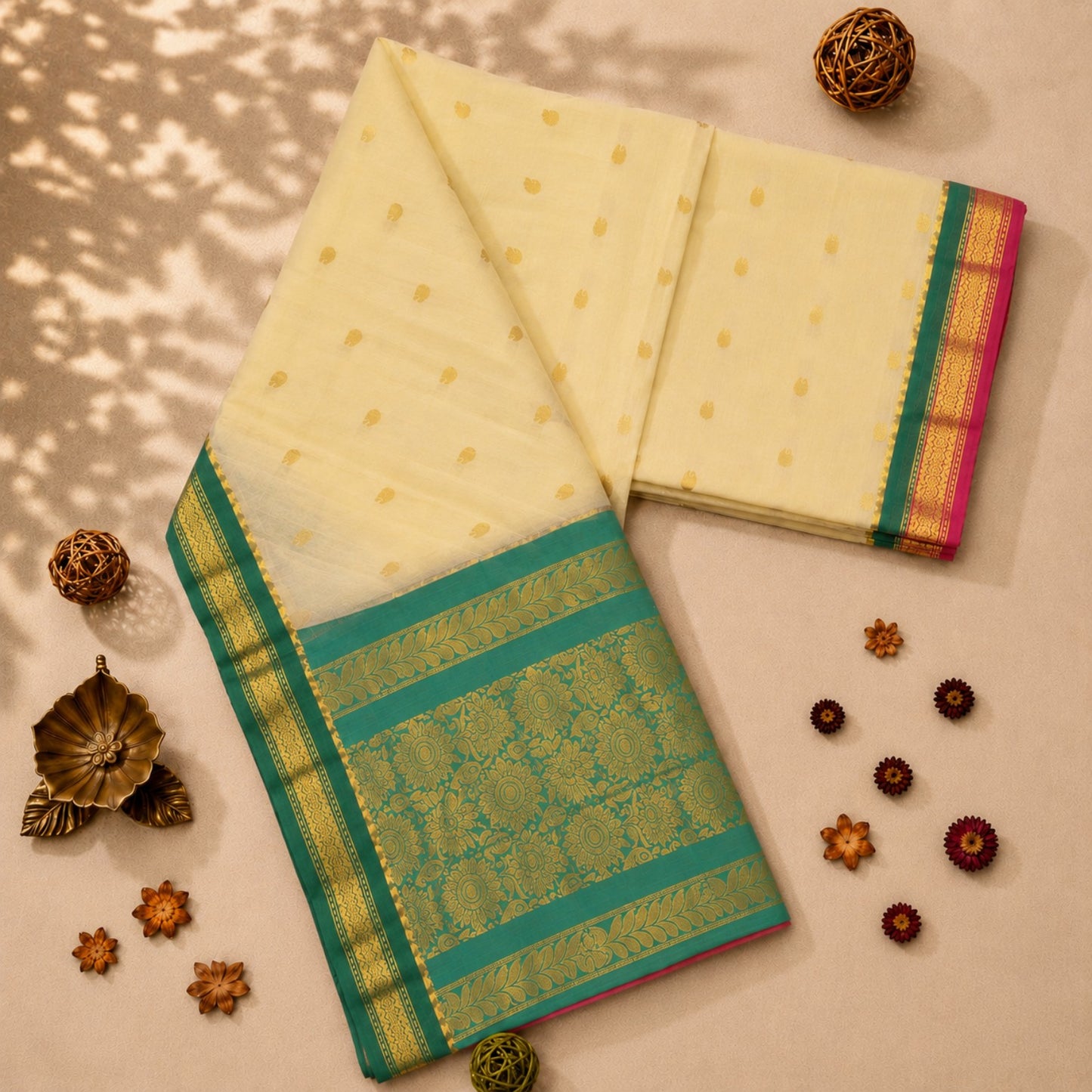 Ivory and Emerald Green Sico Gadwal Saree with Gold Zari Buti and Floral Pallu