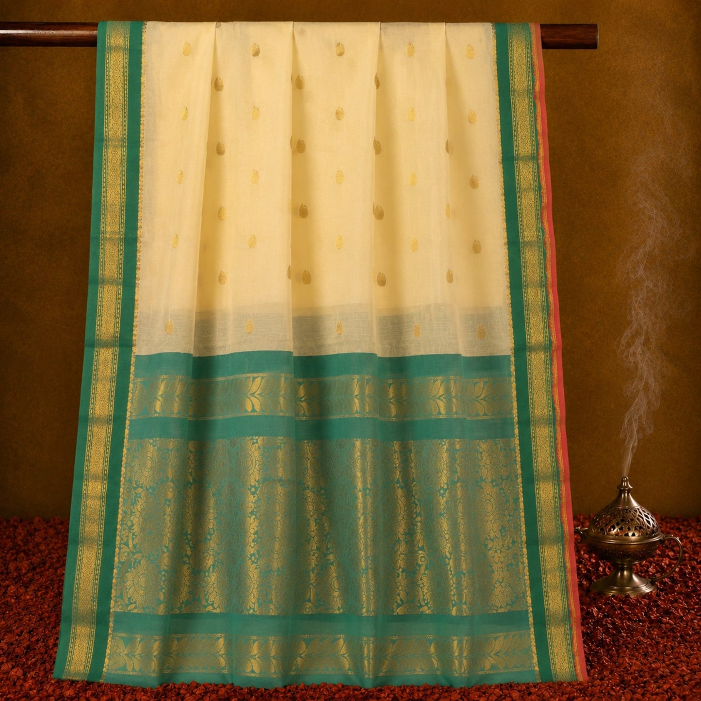 Ivory and Emerald Green Sico Gadwal Saree with Gold Zari Buti and Floral Pallu