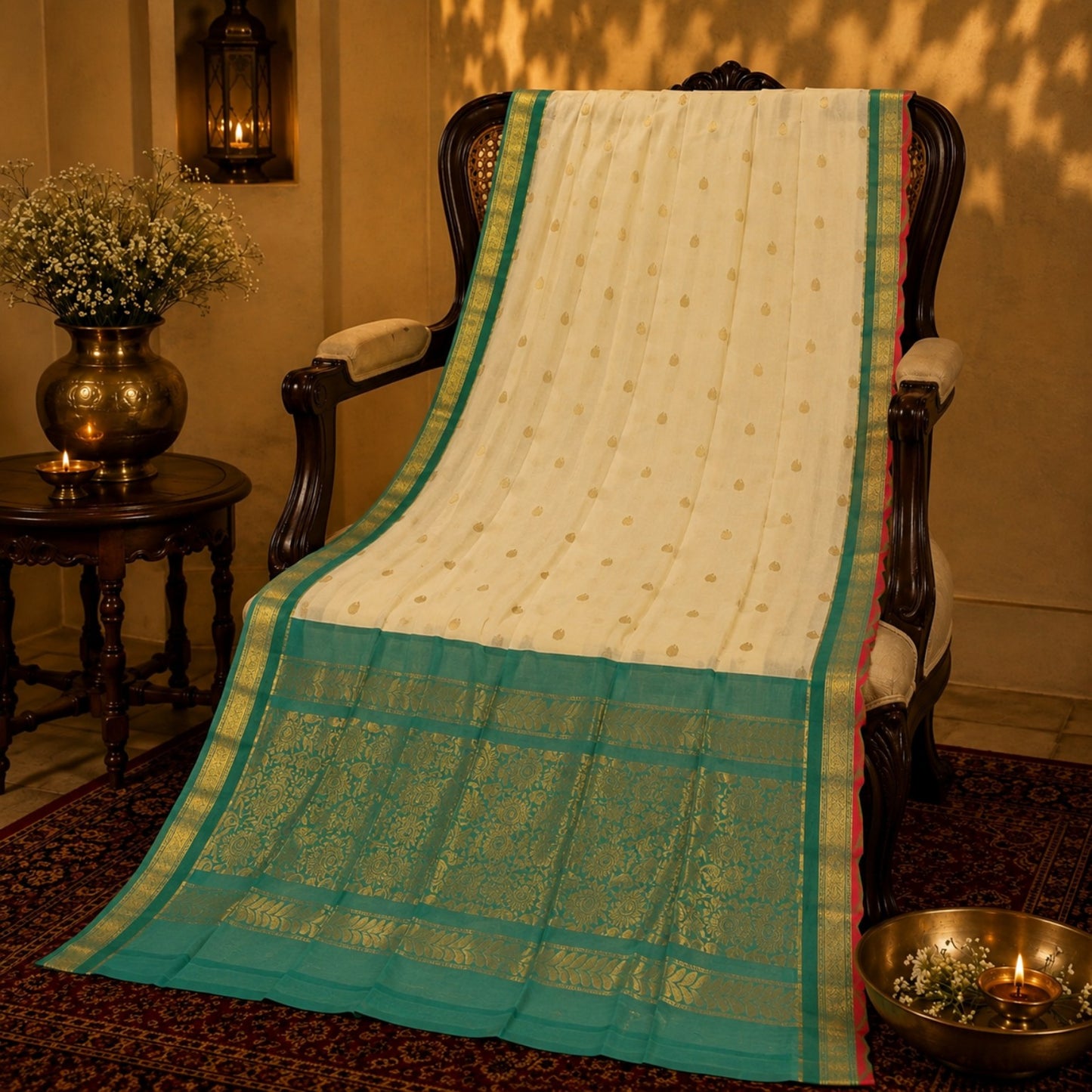 Ivory and Emerald Green Sico Gadwal Saree with Gold Zari Buti and Floral Pallu