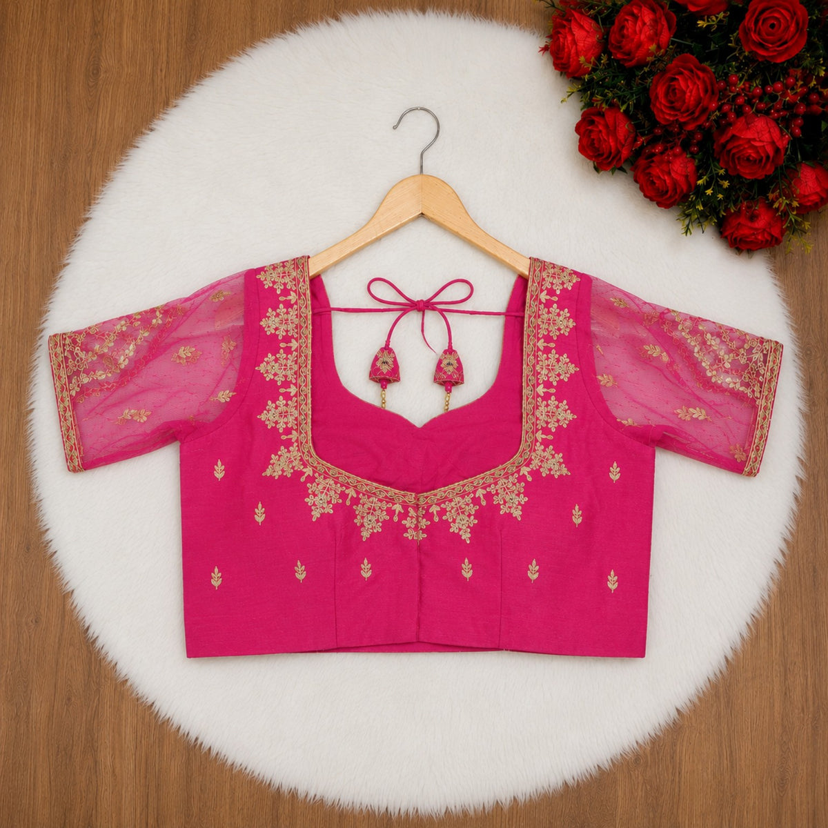 Fuchsia Pink Raw Silk Zardozi Embroidered Blouse with Sheer Net Sleeves