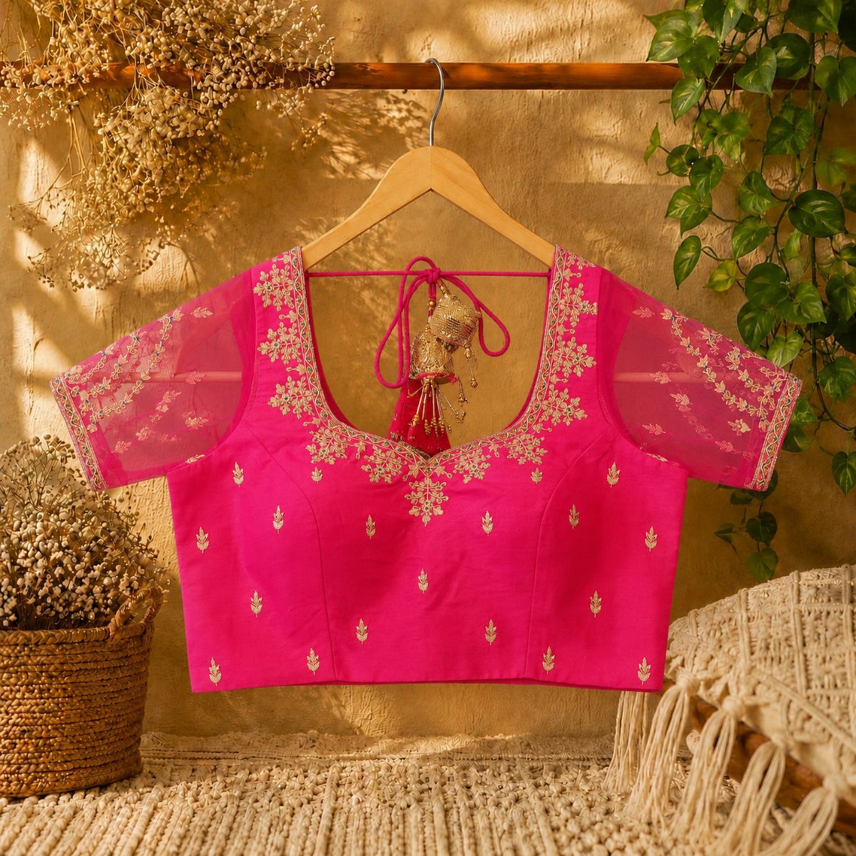 Fuchsia Pink Raw Silk Zardozi Embroidered Blouse with Sheer Net Sleeves