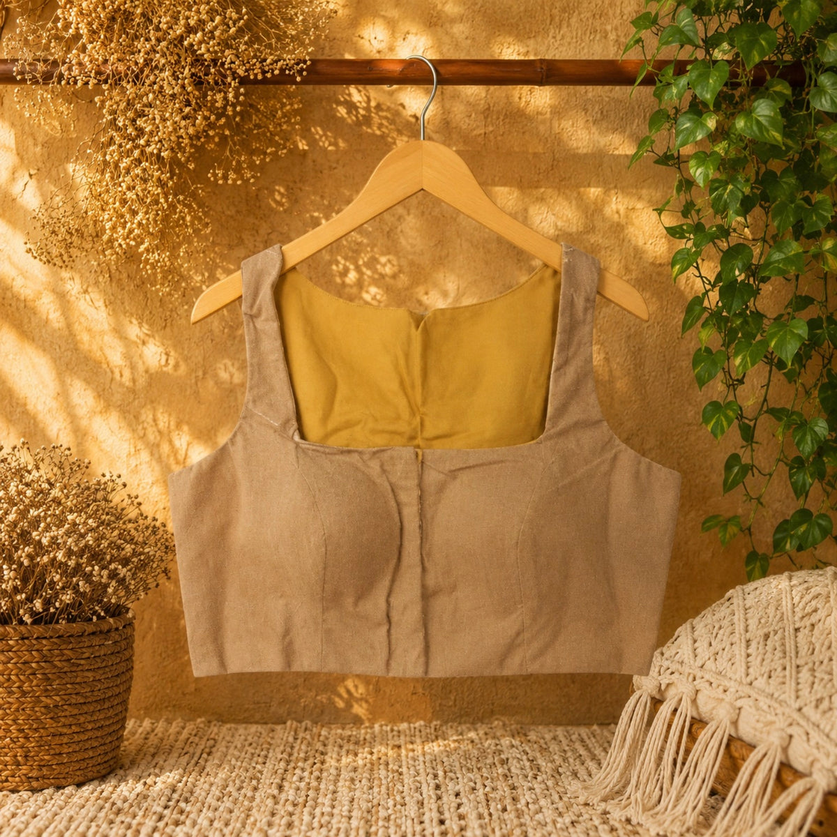 Beige Pure Cotton Thread Work Razor Cut Sleeveless Blouse for Women