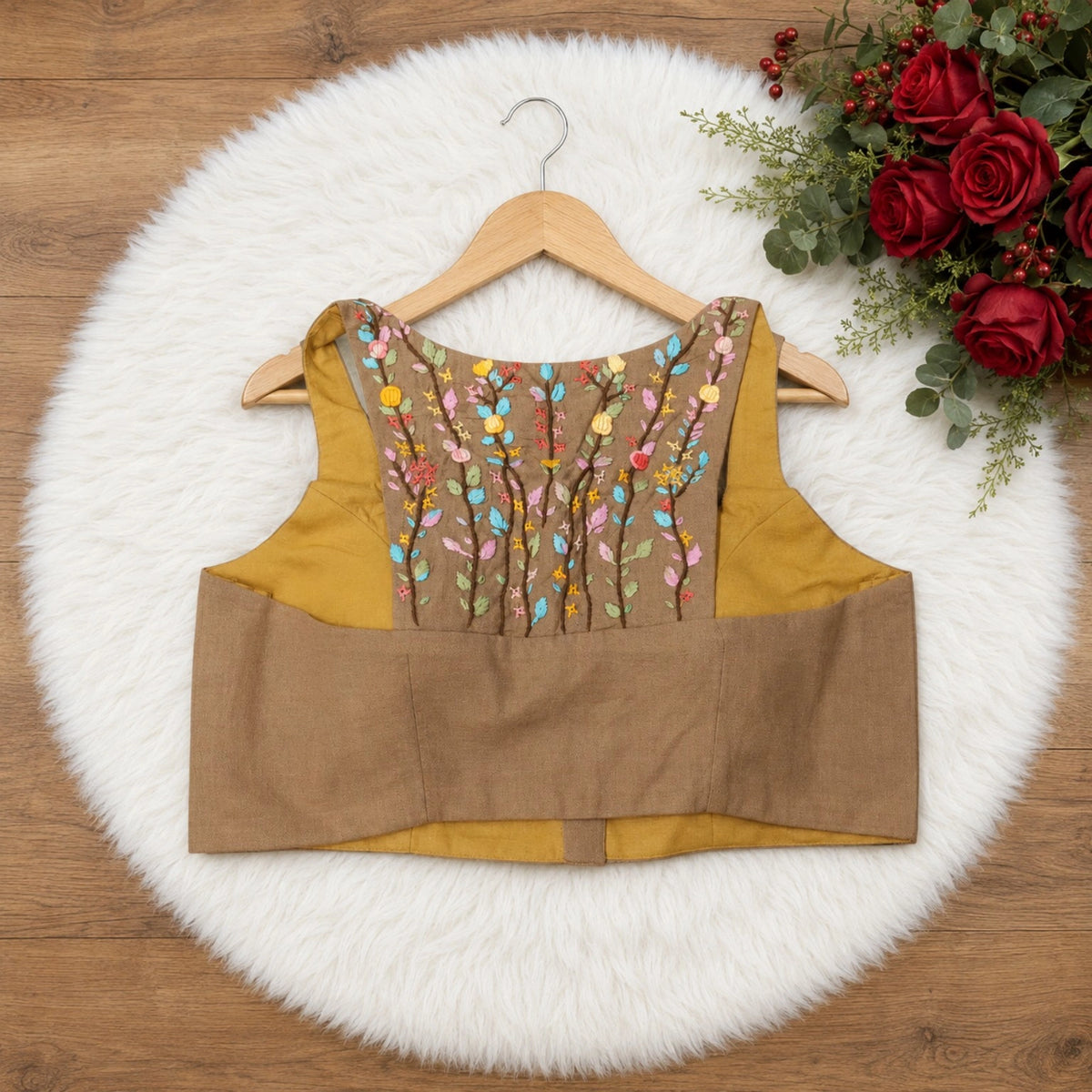 Beige Pure Cotton Thread Work Razor Cut Sleeveless Blouse for Women