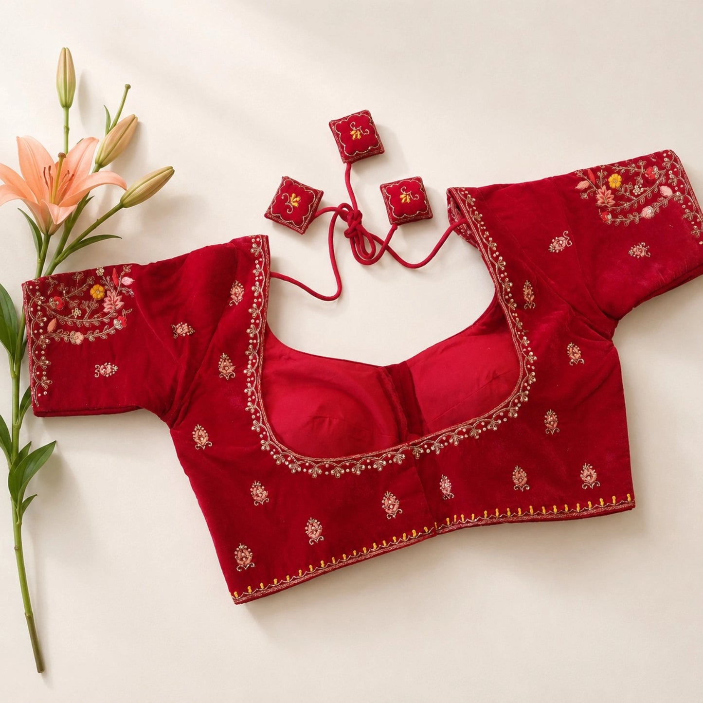 Red Velvet Ari Work Sabyasachi Glass Sleeve Blouse for Women Floral Embroidered Bridal & Festive Ethnic Blouse