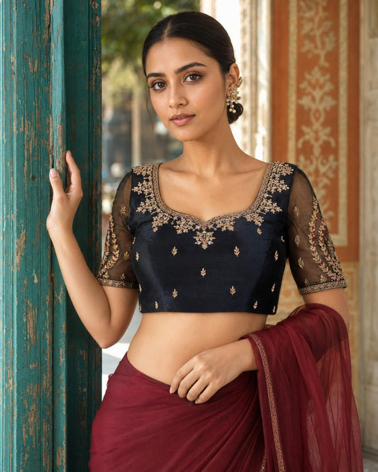 Black Raw Silk Zardozi Embroidered Blouse with Sheer Net Sleeves