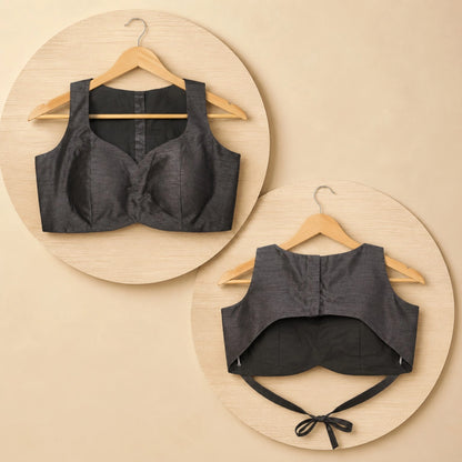 Black Raw Silk Sweetheart Neck Sleeveless Blouse for Women