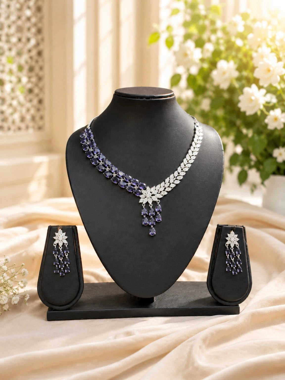 Silver-Tone Purple Stone Floral Leaf Necklace and Drop Earrings Set