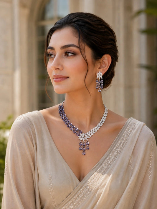Silver-Tone Purple Stone Floral Leaf Necklace and Drop Earrings Set