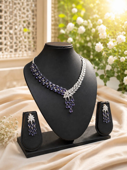 Silver-Tone Purple Stone Floral Leaf Necklace and Drop Earrings Set