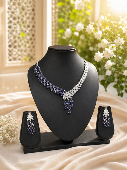 Silver-Tone Purple Stone Floral Leaf Necklace and Drop Earrings Set