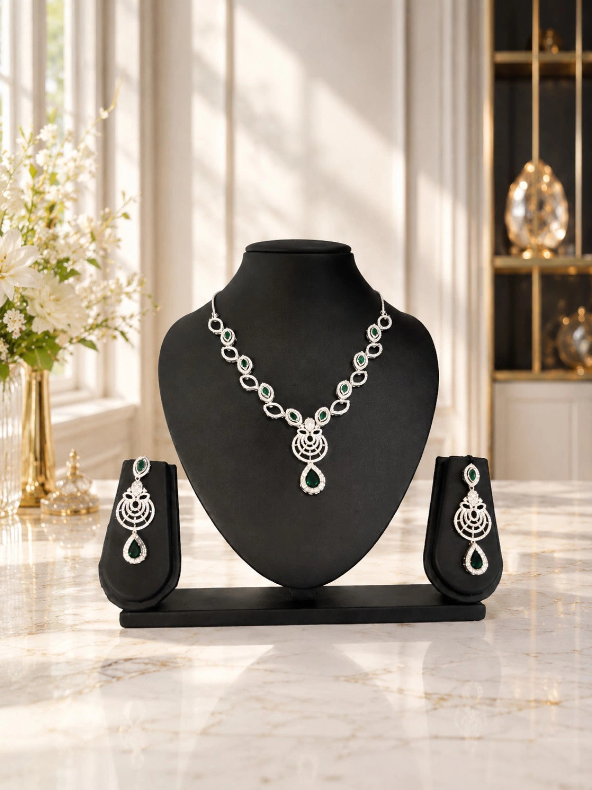Silver-Tone Green Teardrop Stone Pendant Necklace and Earrings Set