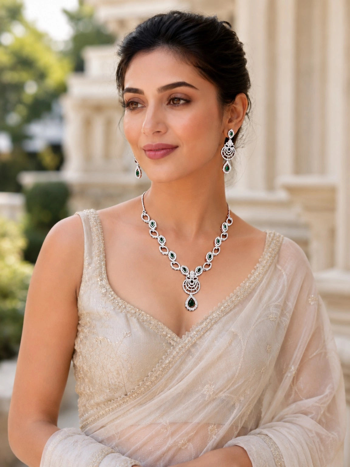 Silver-Tone Green Teardrop Stone Pendant Necklace and Earrings Set