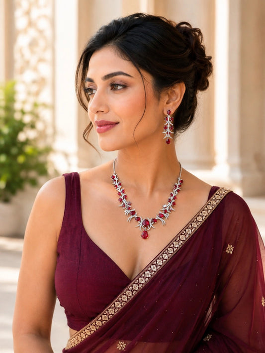 Silver-Tone Deep Red Stone Floral Necklace and Earrings Set for Wedding & Party Wear