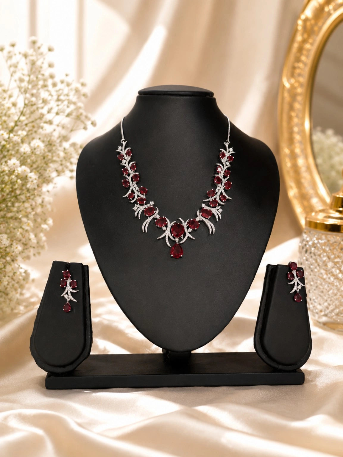 Silver-Tone Deep Red Stone Floral Necklace and Earrings Set for Wedding & Party Wear