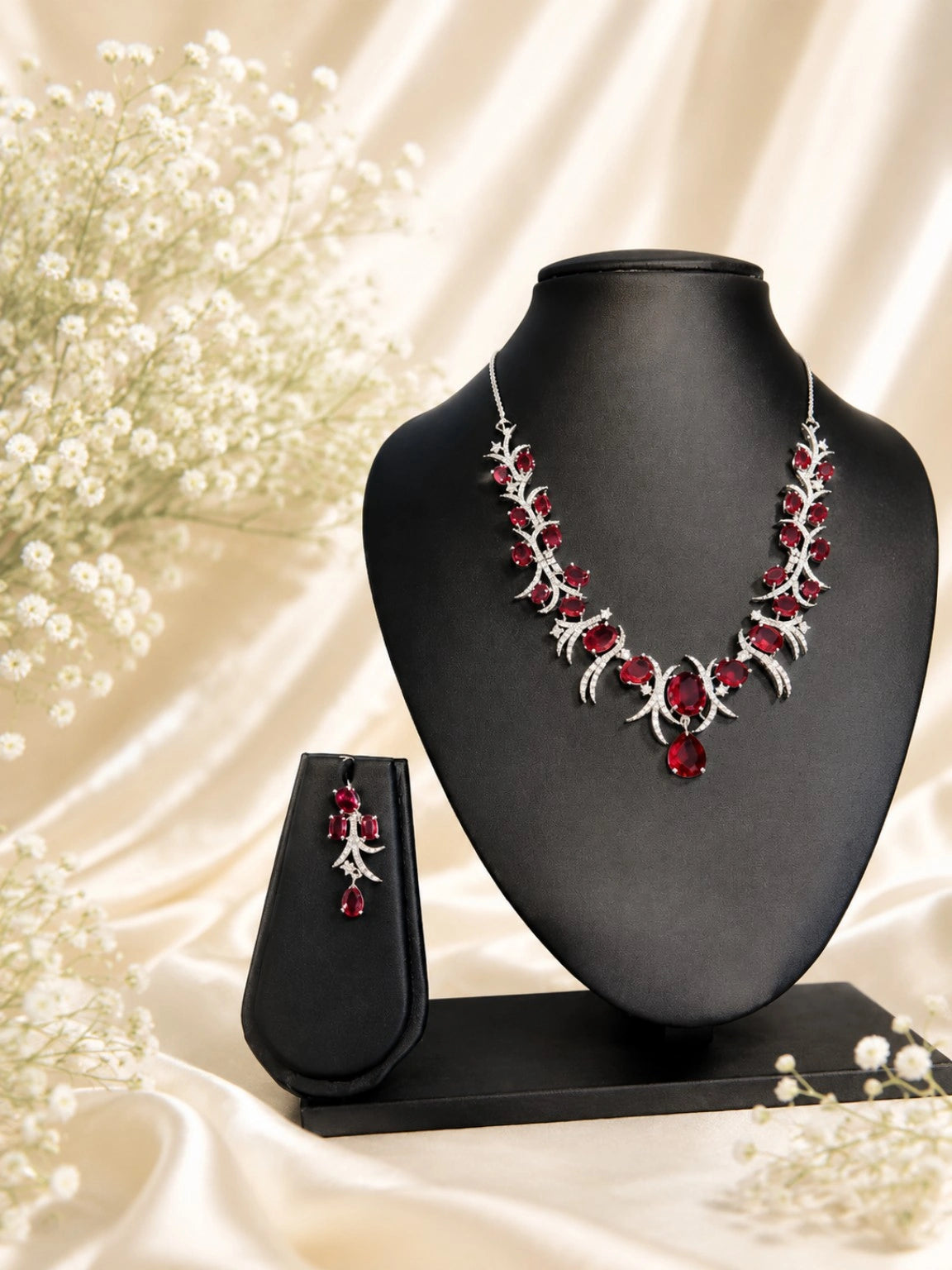 Silver-Tone Deep Red Stone Floral Necklace and Earrings Set for Wedding & Party Wear