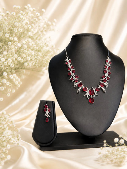 Silver-Tone Deep Red Stone Floral Necklace and Earrings Set for Wedding & Party Wear