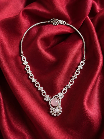 Silver-Tone Pink Stone Floral Pendant Necklace Set with Matching Drop Earrings